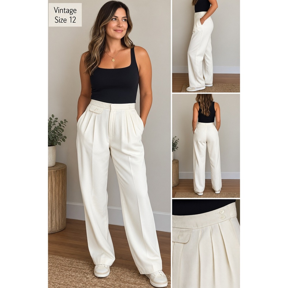 Chaus Vintage 90s White Pleated High Waisted Rayon Trousers Pants Size 12 NWT